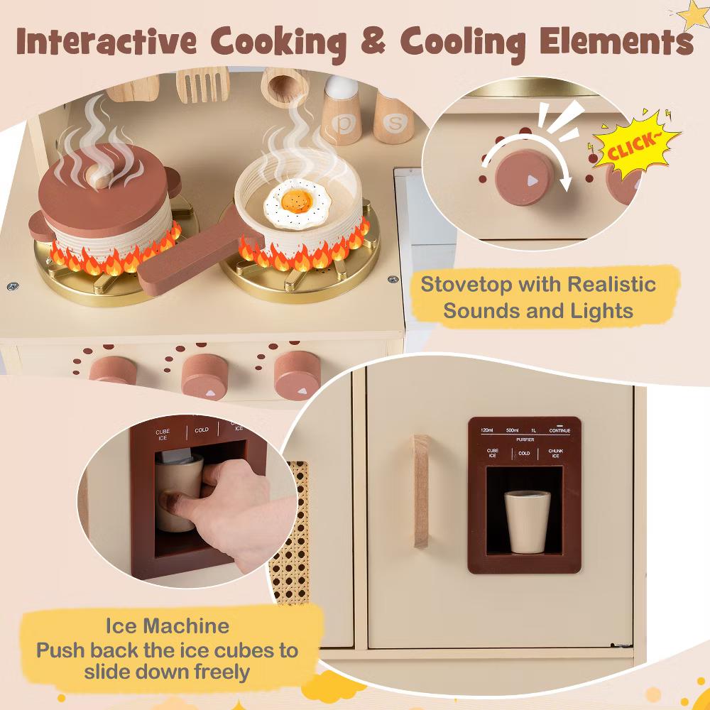 Kids Play Kitchen, Wooden Pretend Kitchen Playset with Rattan Doors, Stoves Yellow/Pink - Image 8