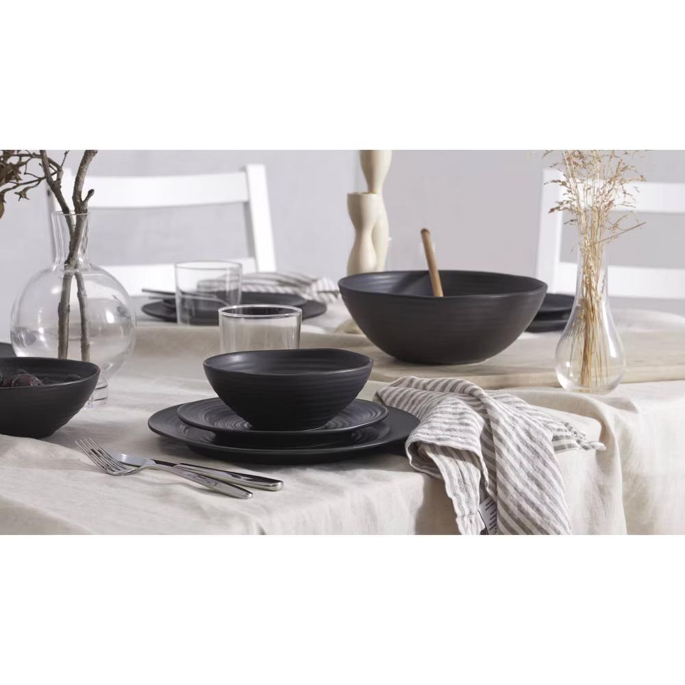 Oneida 12pc Stoneware Dinnerware Set Ridge Black: Matte Black Dishes, Swirl Pattern, Service for 4, Dishwasher-Safe - Image 4