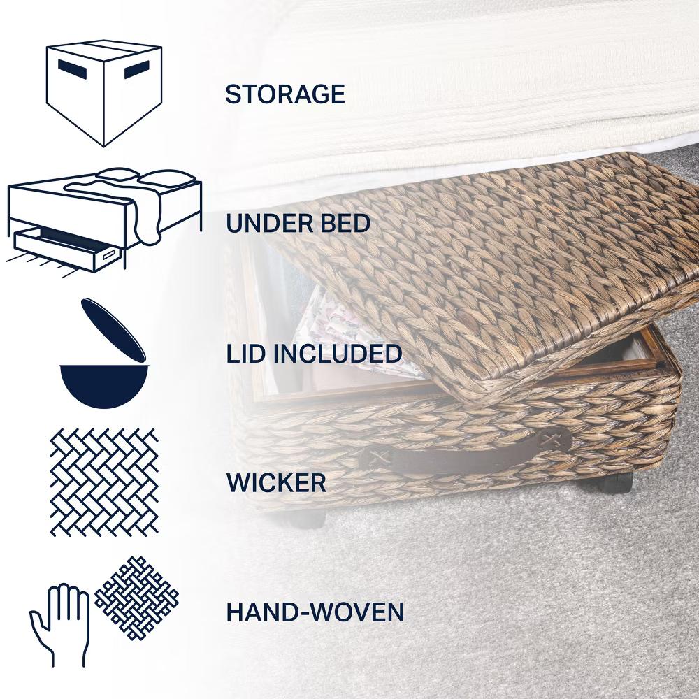 happimess Chett Minimalist Hand-Woven Hyacinth/Wood Underbed Storage Bin with Wheels and Handles - Image 4