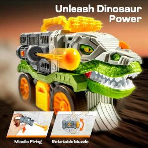T-Rex Dinosaur Truck Toy for 3 4 5+ Year Old Boys, Dinosaur Toys with 2 Cars, 6 Figures, Launcher & Darts - Birthday Gift for Kids Toddlers 3-5