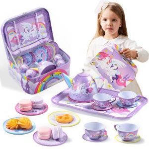 15PCS Unicorn Tea Party Set for Little Girls, Pretend Tin Teapot Set, Princess Tea Time Play Kitchen Toy w/ Case, Birthday Gift for Kids Age 3-6