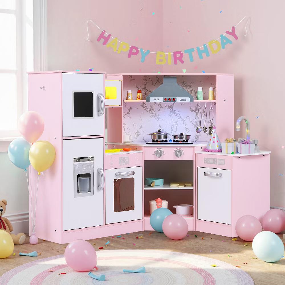 Kids Corner Kitchen Playset Wooden Pretend Play Toy w/ Microwave & Ice Maker - Image 6