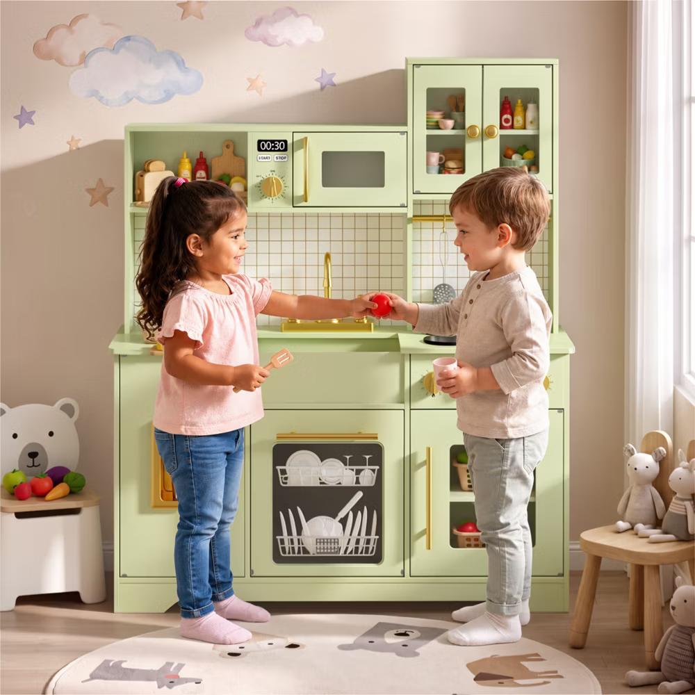 Wooden Play Kitchen with Running Water Sink, Clicking Stove Knobs, Microwave, Oven, Ice Maker & Storage, Ages 3+ - Image 14