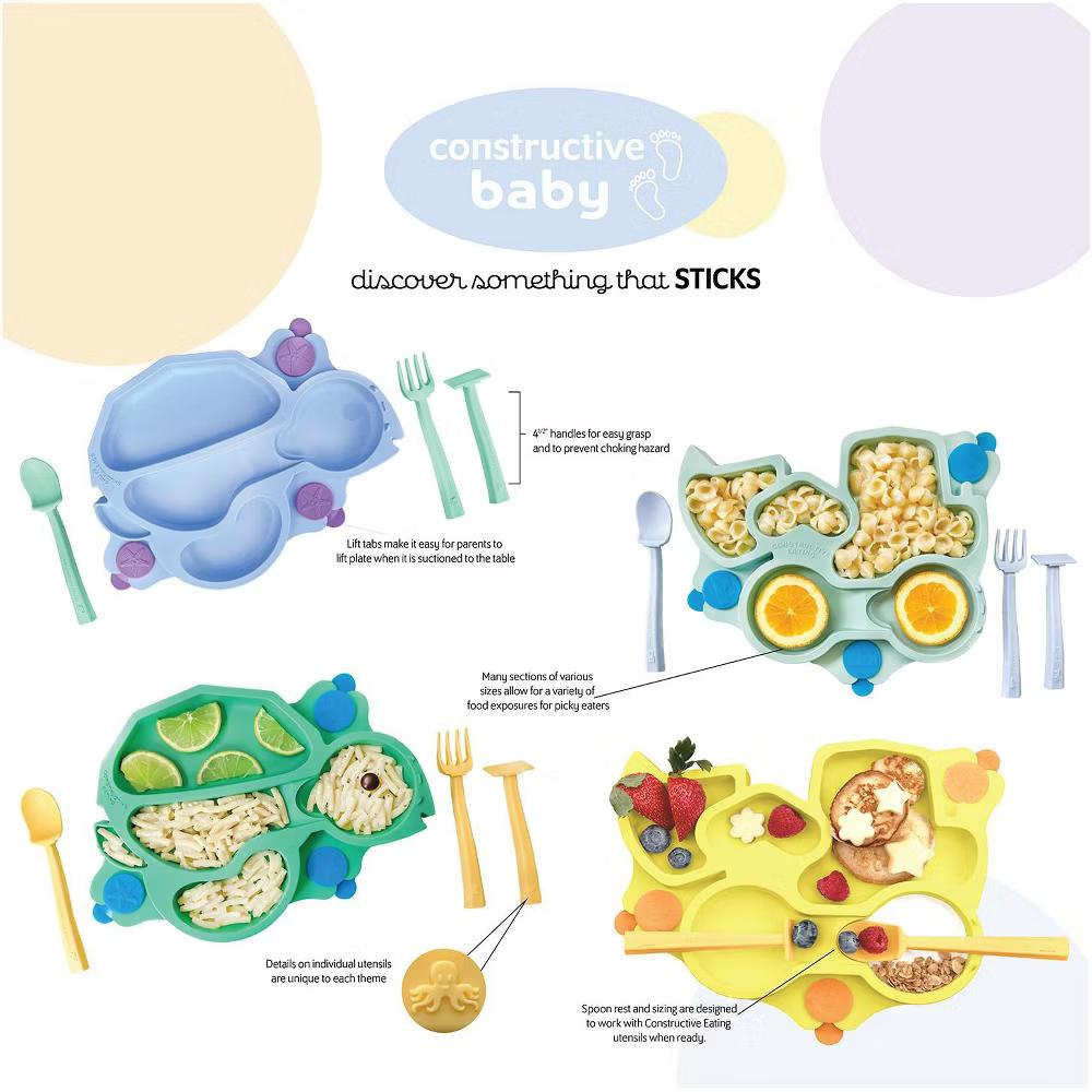 Constructive Eating Turtle Theme Divided Suction Training Plate and Utensils for Kids and Toddlers