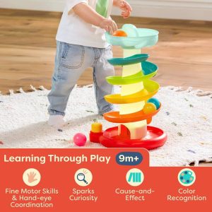Pop-O-Color Ball Tower - Swirly Ball Drop Toy with Lights and 4 Colorful Balls, Fine Motor Skills