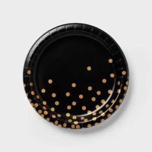 20ct Black/Gold Confetti Dinner Paper Plates - "