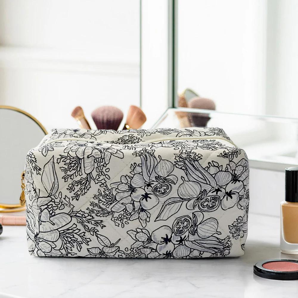 Floral Quilted Makeup Bag, Cosmetic Toiletry Travel Bag, Pencil Pouch - Image 5