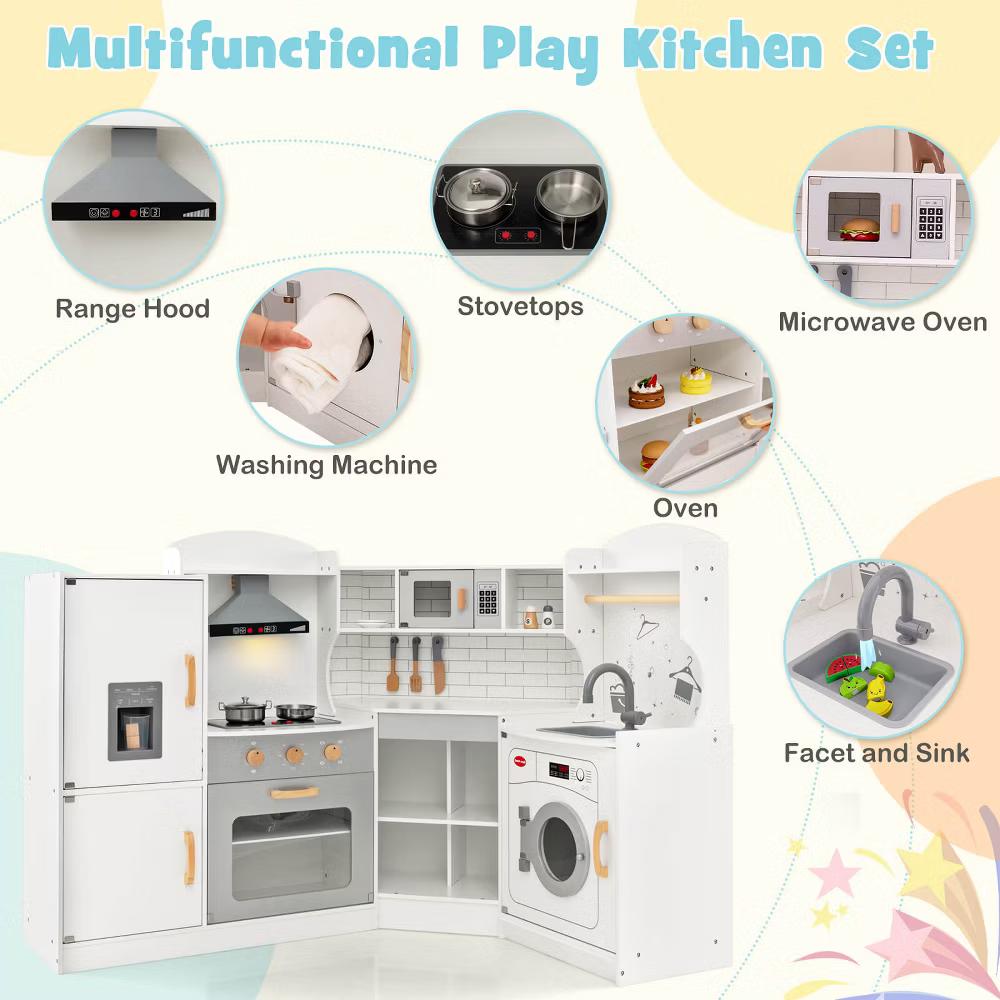 Corner Play Kitchen Toddler Kitchen Playset with Range Hood, Ice Maker, Microwave White/Pink - Image 37