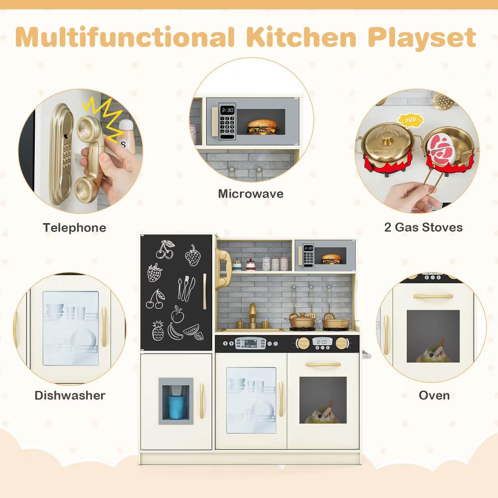 Kid's Pretend Play Kitchen Toddler Kitchen Playset with Blackboard Pink/White/Light Pink/Beige - Image 56