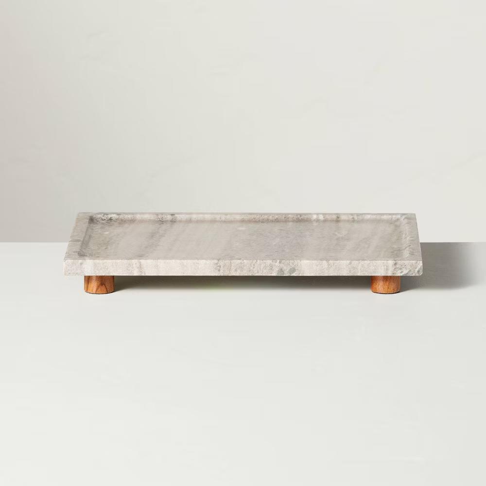 8"x12" Footed Marble Countertop Tray Warm Beige - with Magnolia: Acacia Wood Base, Rectangular Shape - Image 3