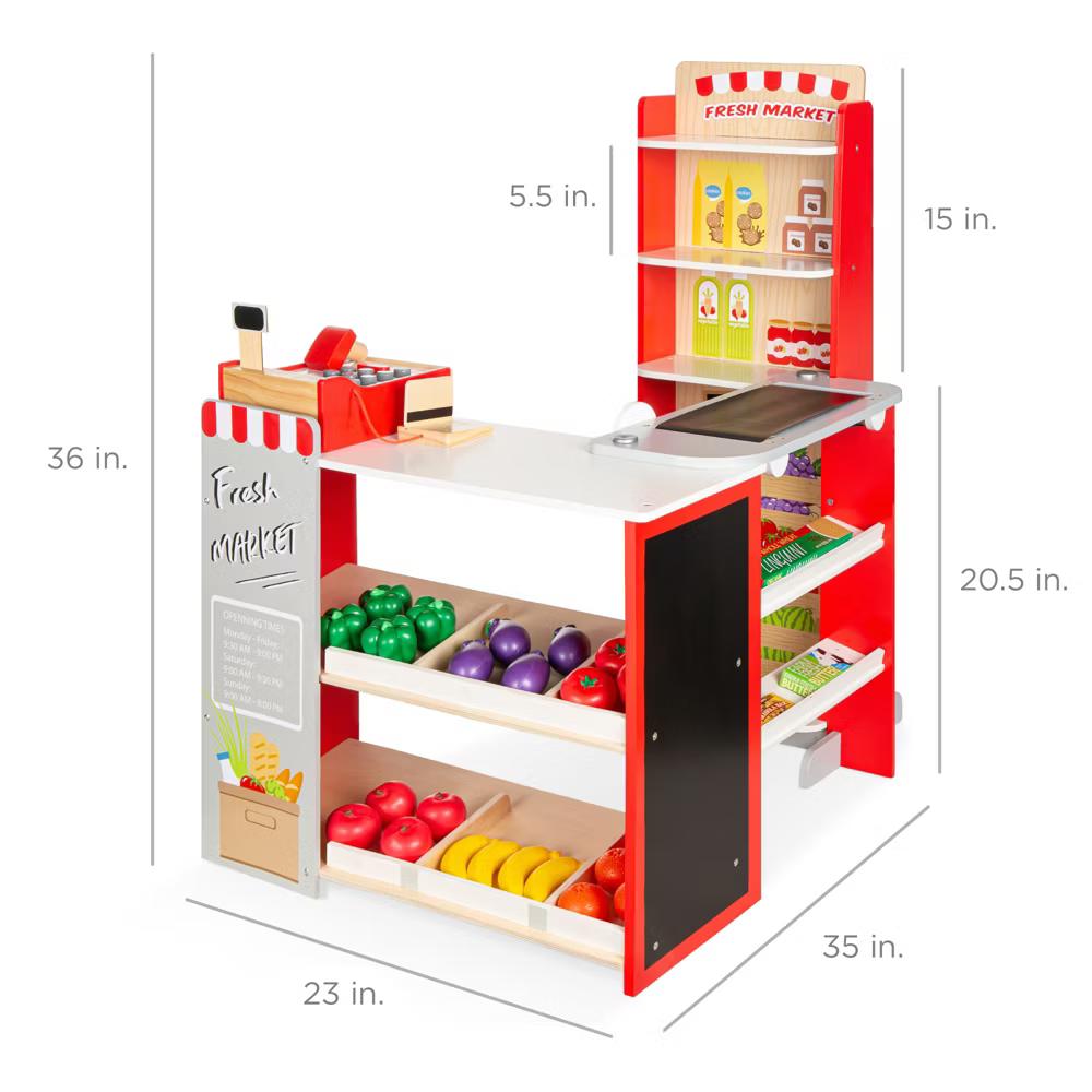 Kids Pretend Play Grocery Store Wooden Supermarket Set w/ Chalkboard, Cash Register - Red - Image 7