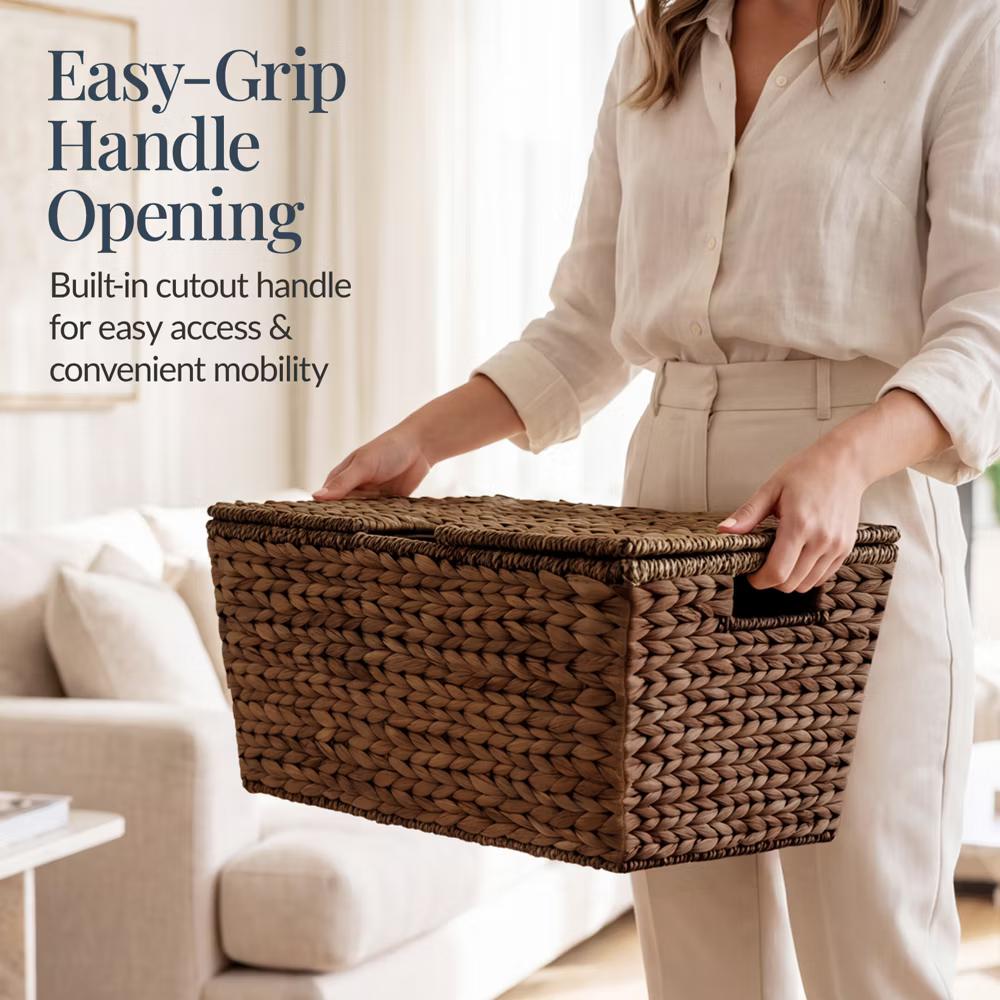 Set of 2 X-Large & Medium Woven Storage Baskets W/Lids, Hyacinth Nesting Organizer Bins - Natural - Image 7