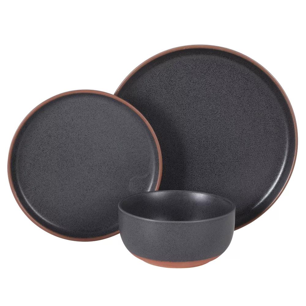 Abbey Circle 12 Piece (Service for 4) Plates and Bowls Reactive Matte Glaze Dishes Stoneware Ceramic Dinnerware Set