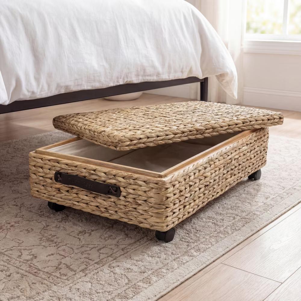 happimess Chett Minimalist Hand-Woven Hyacinth/Wood Underbed Storage Bin with Wheels and Handles - Image 22