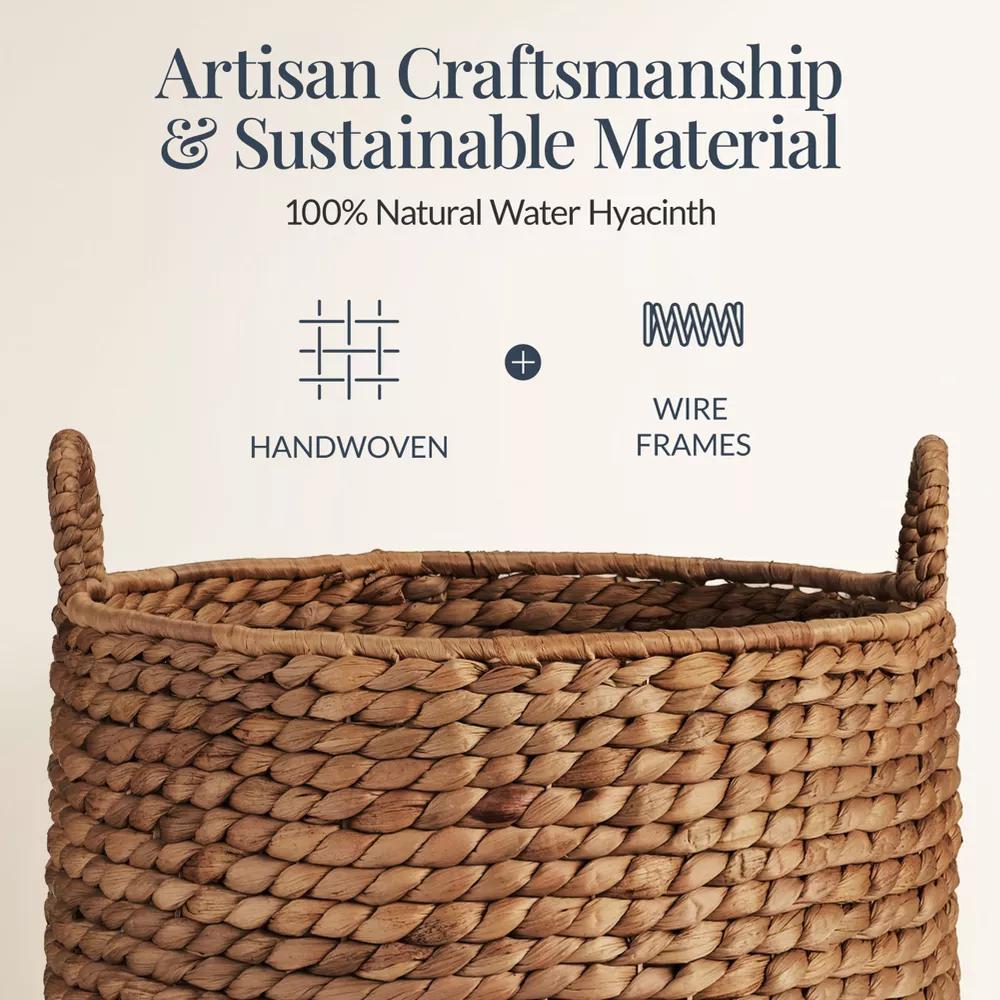 Round Storage Basket w/ Handles, Handwoven Water Hyacinth, Storage Organizer Tote - Natural - Image 6