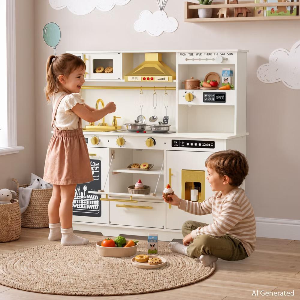 Wooden Play Kitchen for Kids with Running Water Sink, Interactive Stove, Ice Maker, Microwave, Oven & Dishwasher, Ages 3+ - Image 65