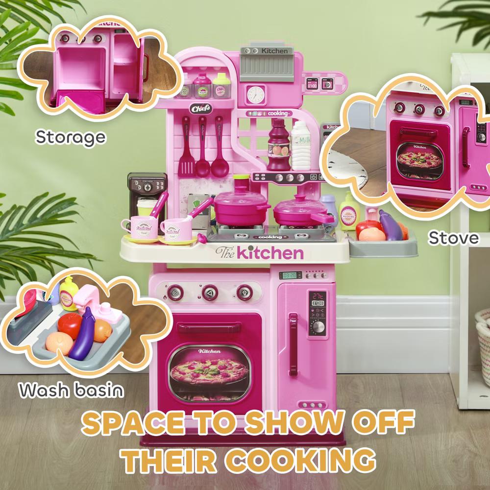 Qaba Play Kitchen, Kids Kitchen Playset, Toy Kitchen with Lights, Sounds, 33 Accessories, Storage, Interactive Playset for Toddler 3-6 Years - Image 7