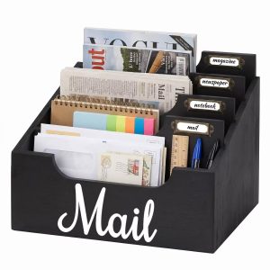Wooden Mail Organizer Desktop Sorter, Multi-Compartment Countertop Mail Holder with Label Tags, Tabletop Letter Magazine Notebook Stationery Storage