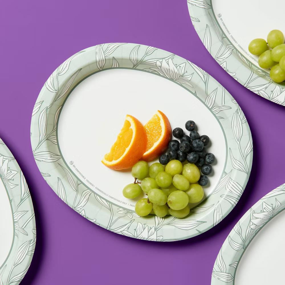 Ultra Disposable Platter Plates - Greenery - 20ct - Paper, Oval, Botanical Leaf Pattern