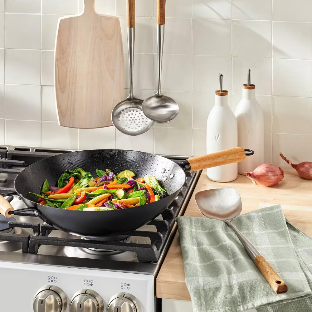 3pc Wok Tools Set Brown - Stainless Steel & Wood Kitchen Utensils, Includes Skimmer, Turner, Ladle - Image 2