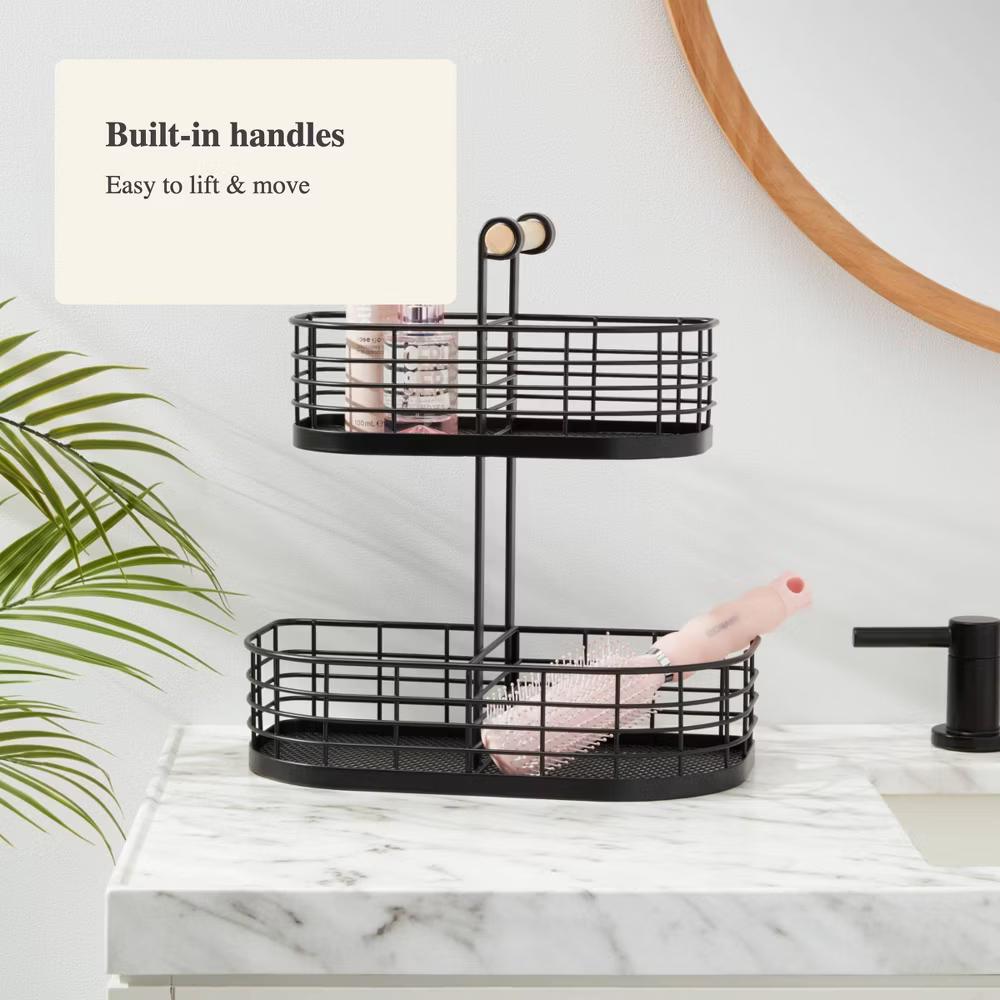 2 Tier Divided Wire Basket with Wood Handle Black - Iron Storage & Organization, Decorative Rectangle - Image 4