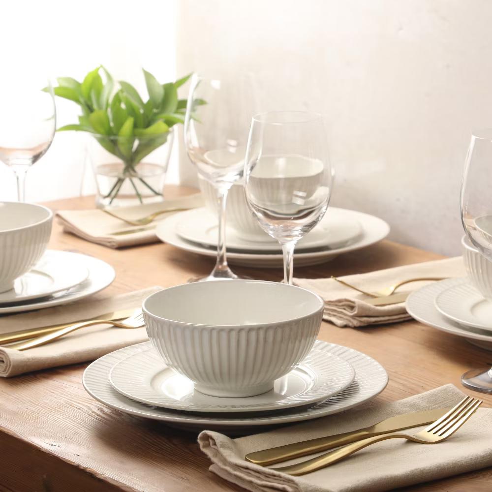 Soleil 12 Piece Linen White Stoneware Dinnerware Set for 4, Plates and Bowls Set with Dinner Plates, Salad Plates and Bowls - Image 14