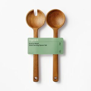 2pk Wood Salad Serving Spoon Set Brown - Acacia Salad Tongs, Kitchen Utensils, Hand Wash