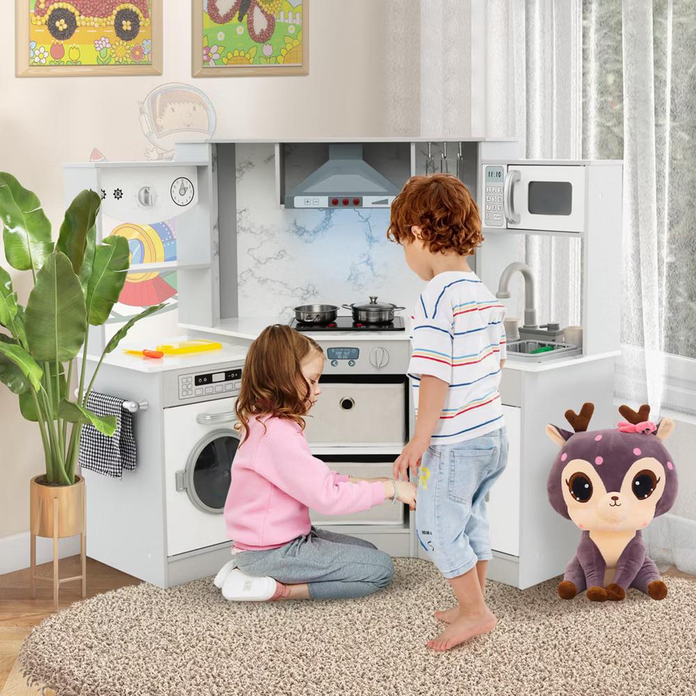 Wooden Kids Play Corner Kitchen with Realistic Lights & Sounds Lighted Range Hood Brown/Grey - Image 12