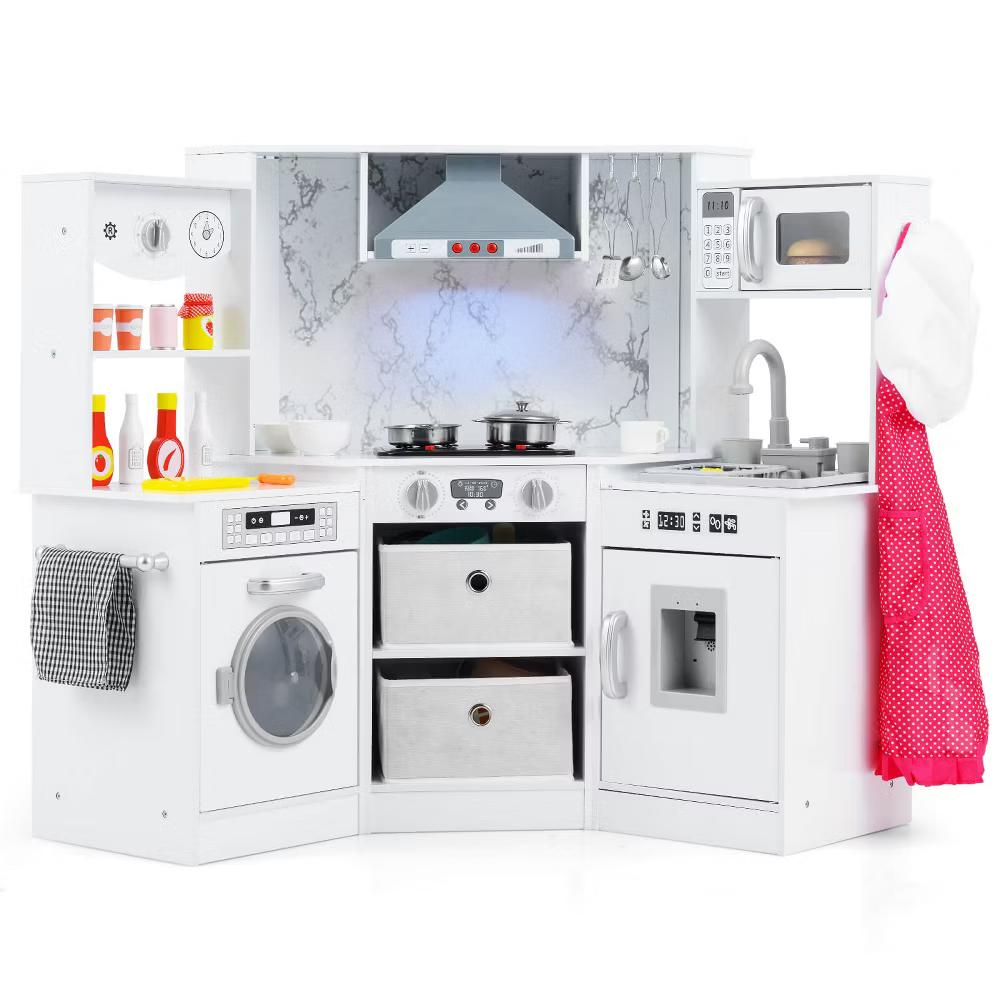 Wooden Kids Play Corner Kitchen with Realistic Lights & Sounds Lighted Range Hood Brown/Grey - Image 34