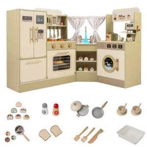 Kids Corner Play Kitchen w/Faucet Dishwasher Stoves Coffee Machine Refrigerator