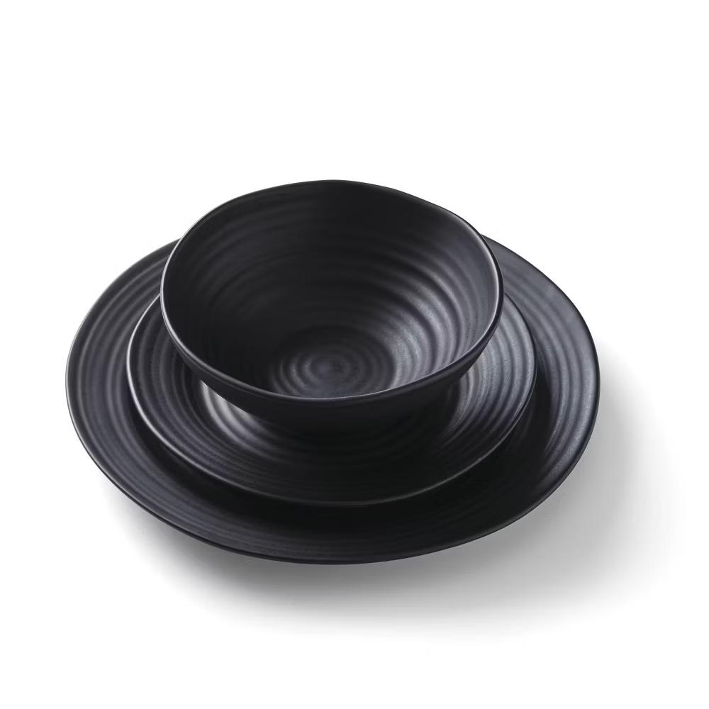 Oneida 12pc Stoneware Dinnerware Set Ridge Black: Matte Black Dishes, Swirl Pattern, Service for 4, Dishwasher-Safe