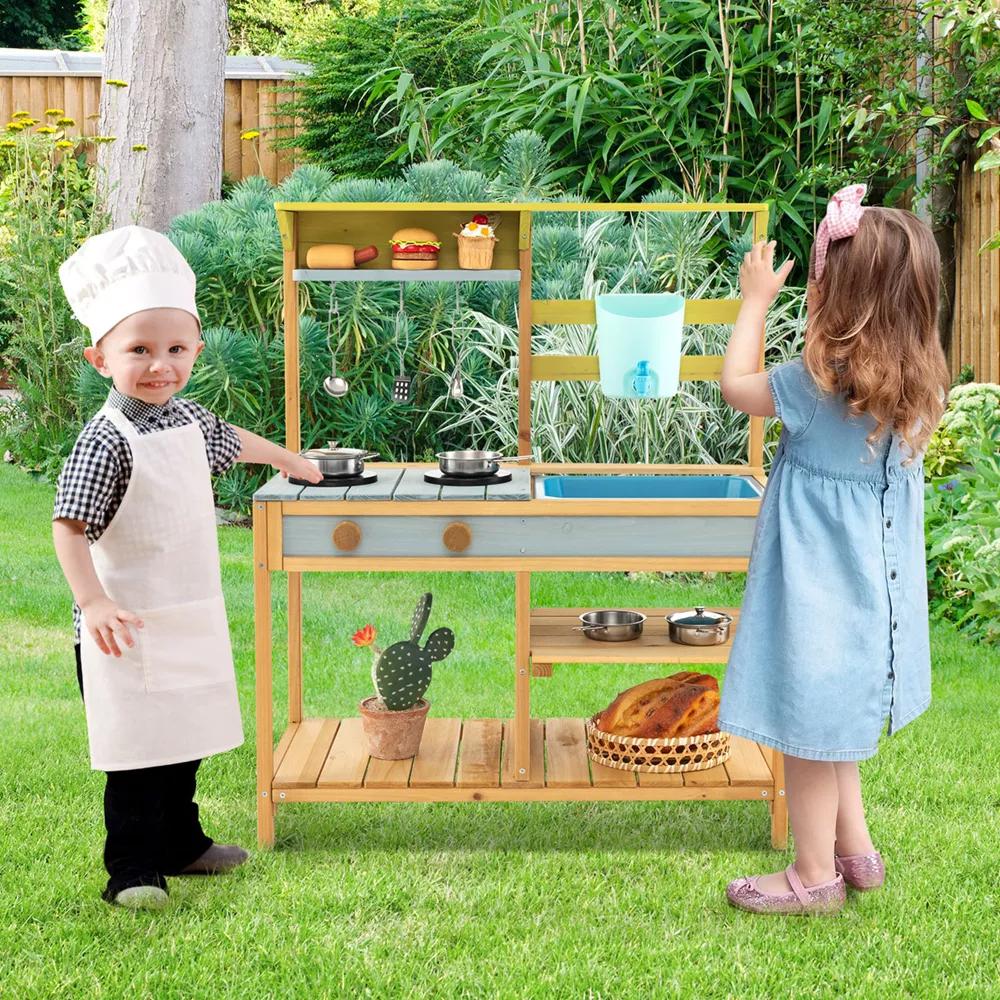 Wooden Play Kitchen Set, Outdoor Kid's Mud Kitchen with Faucet & Water Box - Image 3