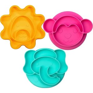 Bentology Silicone Compartment Plates- 3 Pk Animal Set (Lion Monkey Elephant) Divided Sections, Non-Slip Unbreakable, Flexible Shapes- Toddlers, Kids