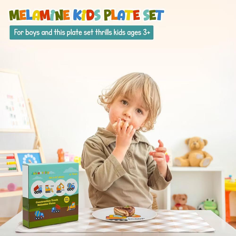 4E’s Novelty Construction Kids Plate Set – 4-Pack Melamine Toddler Plates - Image 3