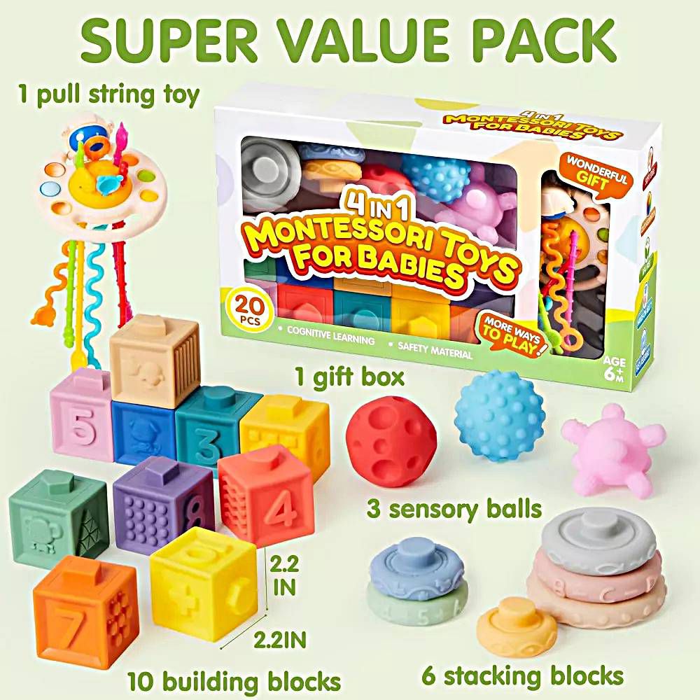 Montessori Toys for Baby 0-3-6-12 Months, 4-in-1 Food-Grade Sensory Toys, Infant Stacking Circles Teether, Learning Gifts for Baby Girls Boys - Image 6