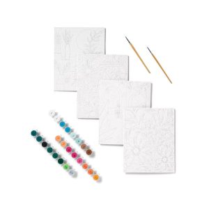 4pk Paint by Number Canvas boards Floral - DIY Art Kit, Acrylic Paint & Brushes, Adult Craft Activity