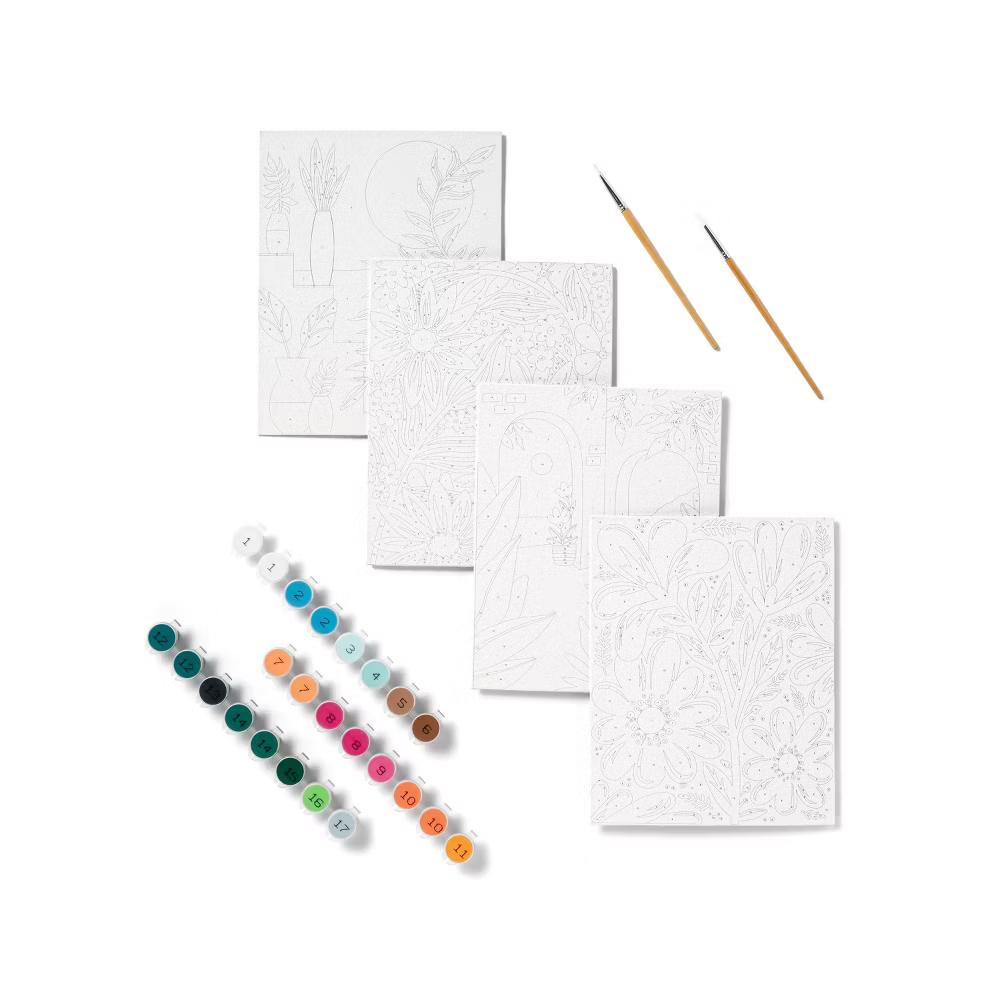 4pk Paint by Number Canvas boards Floral - DIY Art Kit, Acrylic Paint & Brushes, Adult Craft Activity