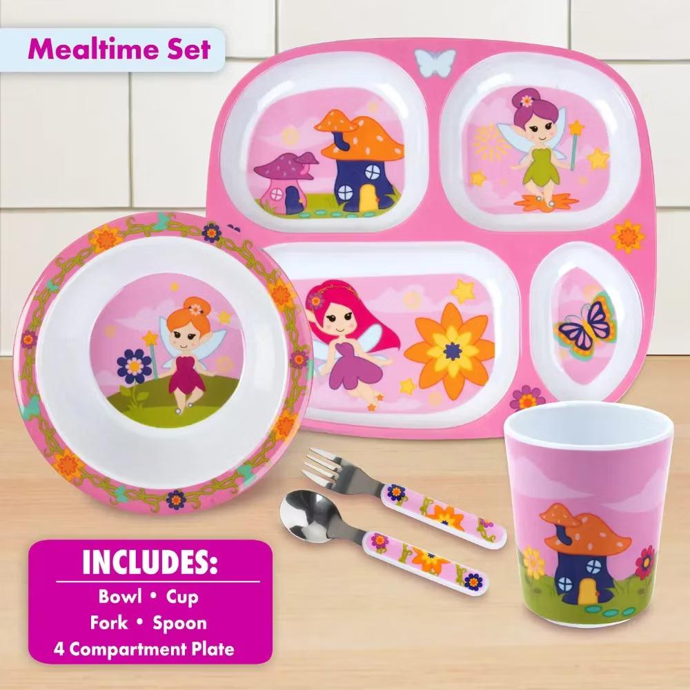 Bentology 5 Pc Fairy Theme Mealtime Set for Kids & Toddlers, Divided Plate Cup Bowl Fork Spoon-Dishwasher Safe- Compartment Dish for Self-Feeding