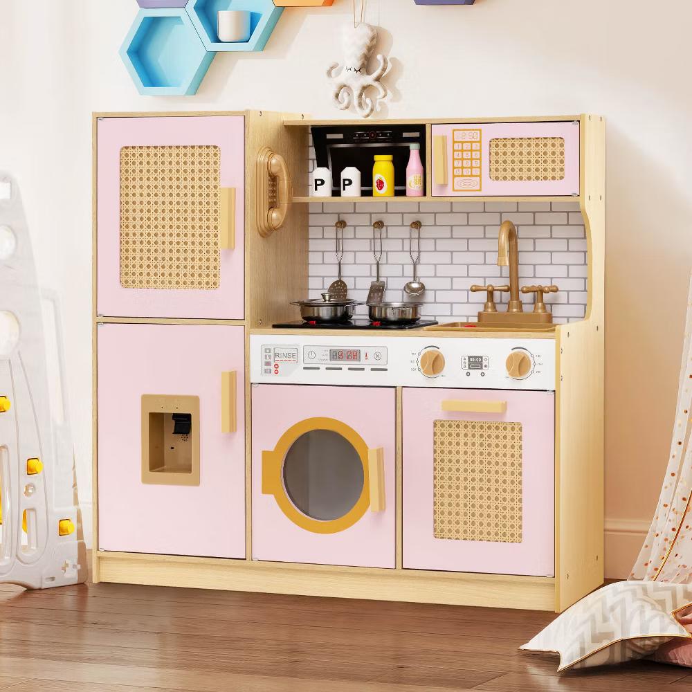 Wooden Kids Kitchen Playset Pretend Play Kitchen with Real Sounds Lights Pink/Yellow - Image 4