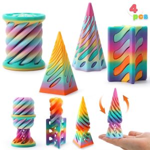 4-Pack Cone Fidget Toys, Pastel Color 3D Printed Spiral Cone & Flexible Pyramid Passthrough Toys for Stress Relief, Kids & Adults