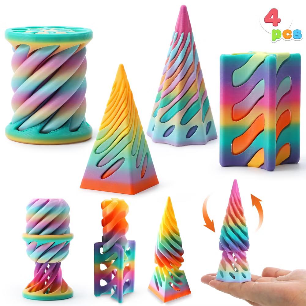 4-Pack Cone Fidget Toys, Pastel Color 3D Printed Spiral Cone & Flexible Pyramid Passthrough Toys for Stress Relief, Kids & Adults