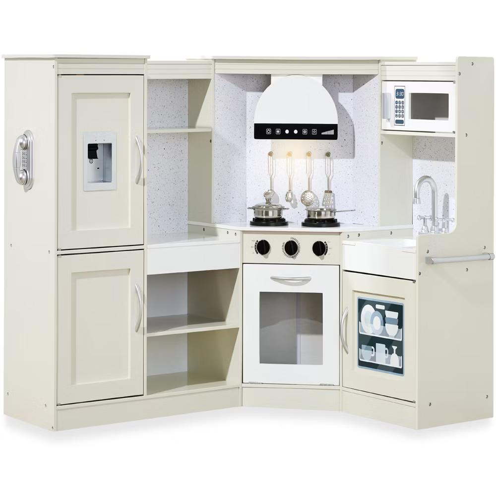 Pretend Play Corner Kitchen, Interactive Wooden Kids Set w/ Lights & Sounds - White - Image 35
