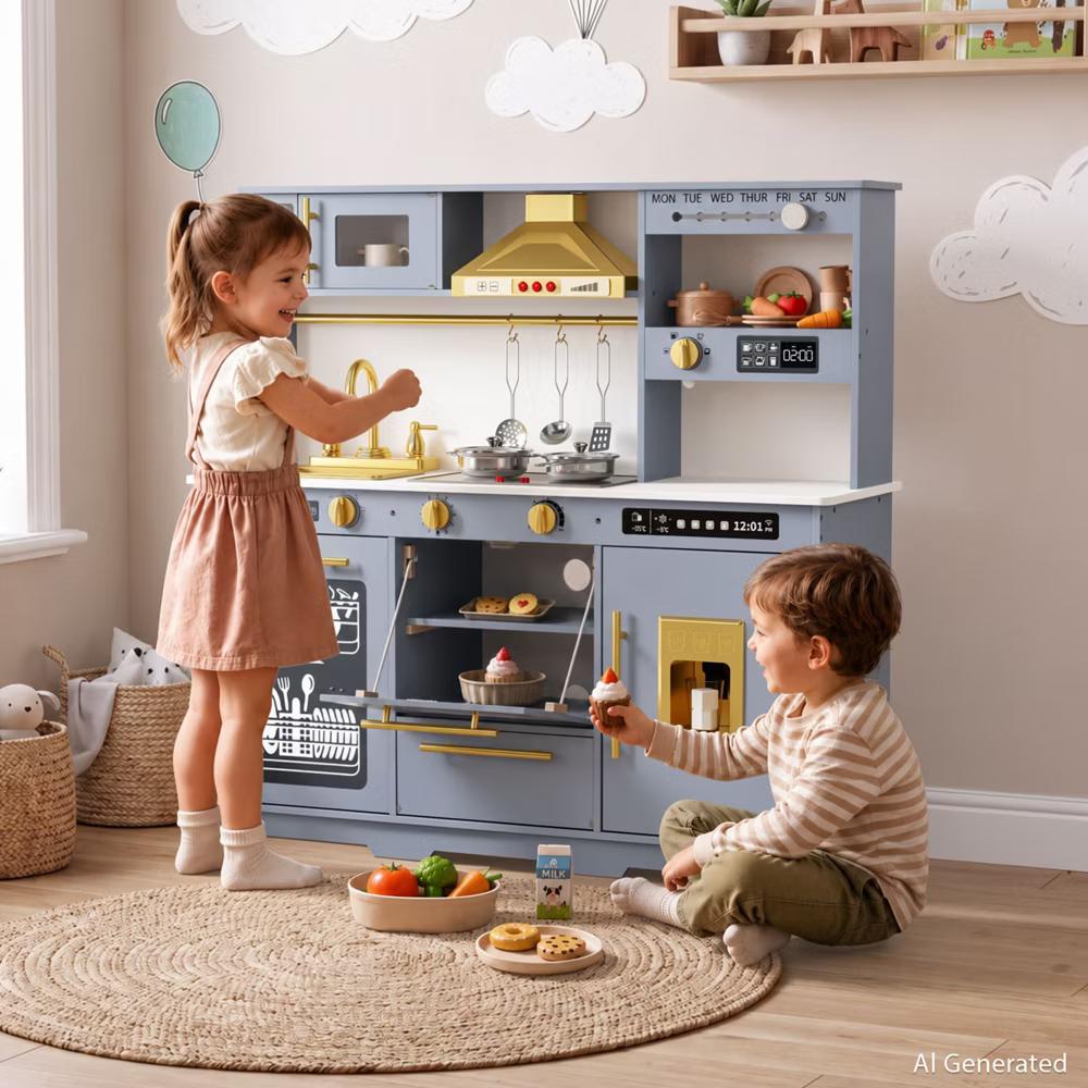 Wooden Play Kitchen for Kids with Running Water Sink, Interactive Stove, Ice Maker, Microwave, Oven & Dishwasher, Ages 3+ - Image 29