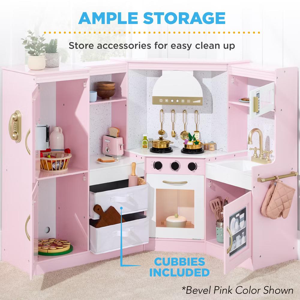 Pretend Play Corner Kitchen, Interactive Wooden Kids Set w/ Lights & Sounds - White - Image 53