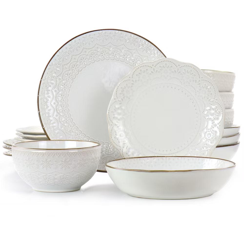 Countess 16 Piece Embossed Double Bowl Stoneware Dinnerware Set in Ivory - Image 10