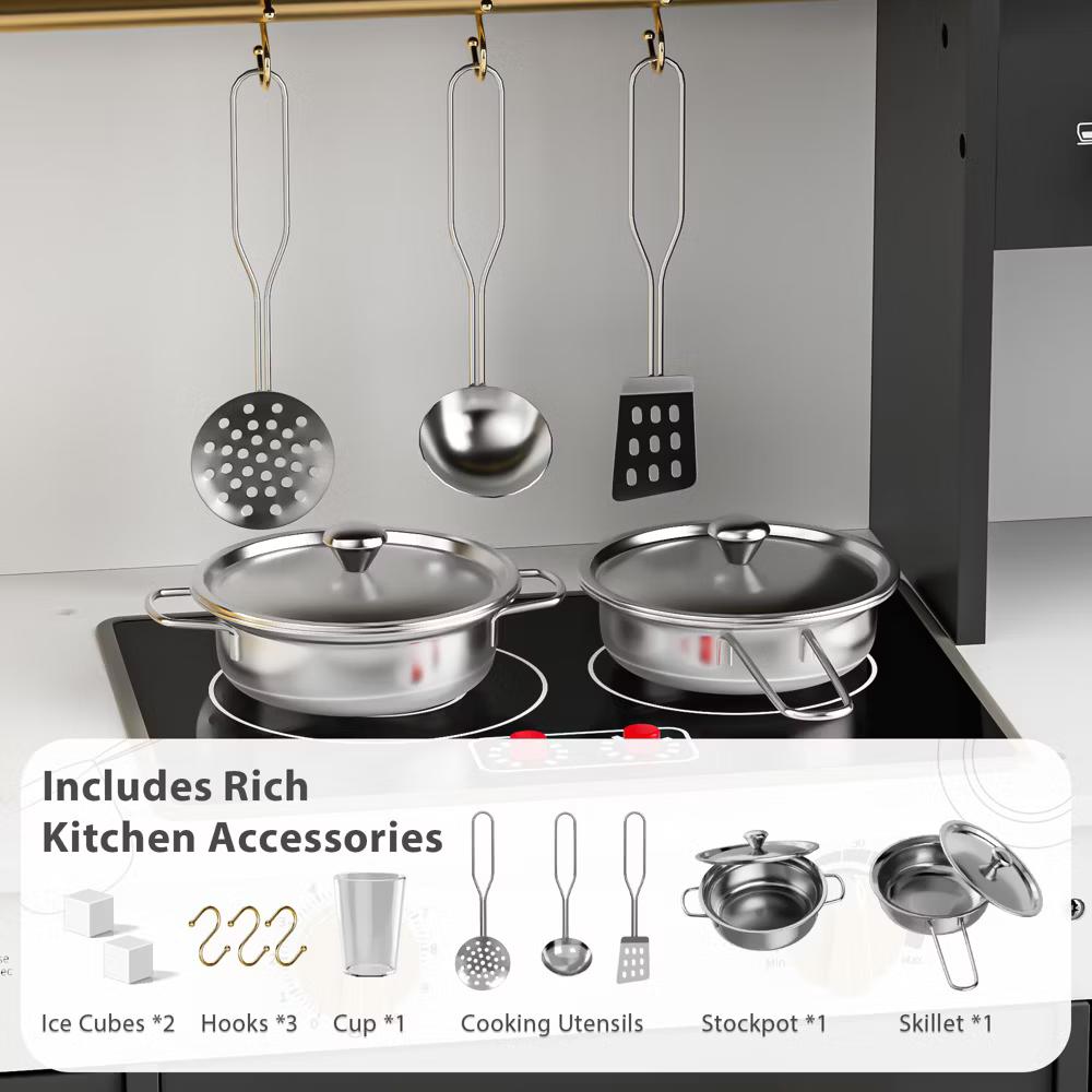 Wooden Play Kitchen for Kids with Running Water Sink, Interactive Stove, Ice Maker, Microwave, Oven & Dishwasher, Ages 3+ - Image 14