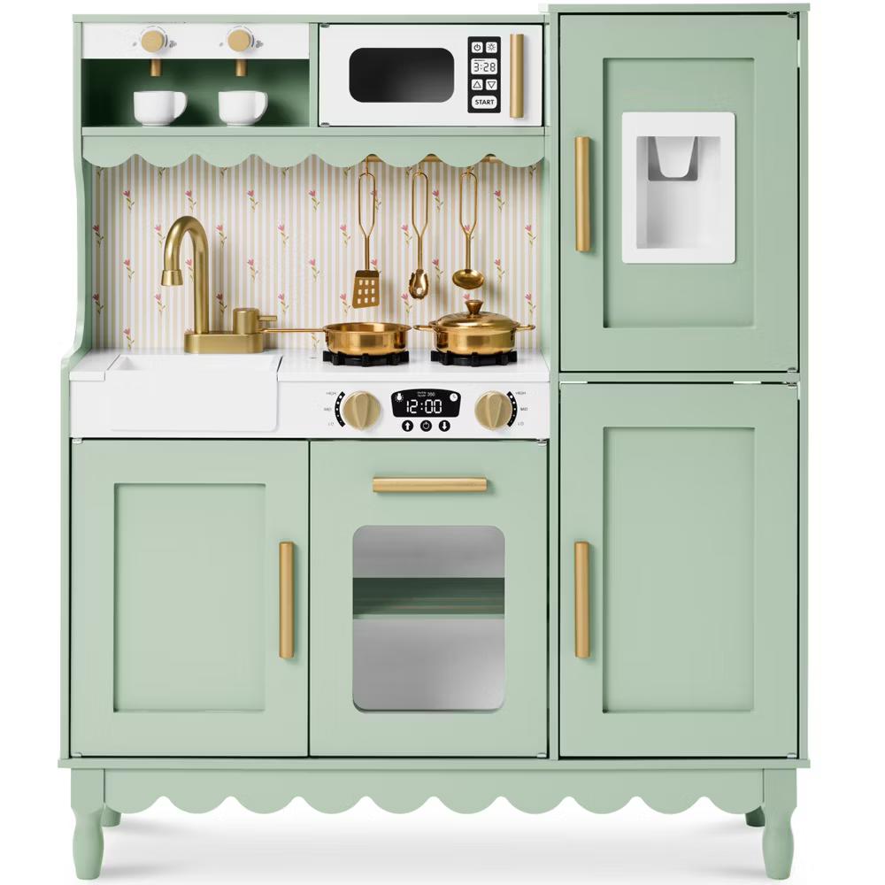 Wooden Cottage Kids Pretend Play Kitchen with 11 Accessories, Espresso Machine - Pink - Image 28
