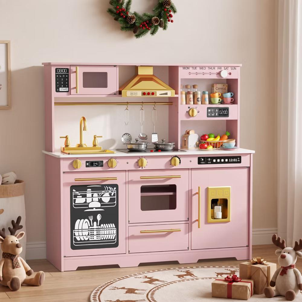 Wooden Play Kitchen for Kids with Running Water Sink, Interactive Stove, Ice Maker, Microwave, Oven & Dishwasher, Ages 3+ - Image 55