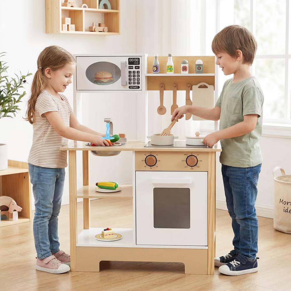 Play Kitchen with Chalkboard Microwave Stove Dish Rack Faucet Sink Accessories White + Natural/Blue/Green + White - Image 16