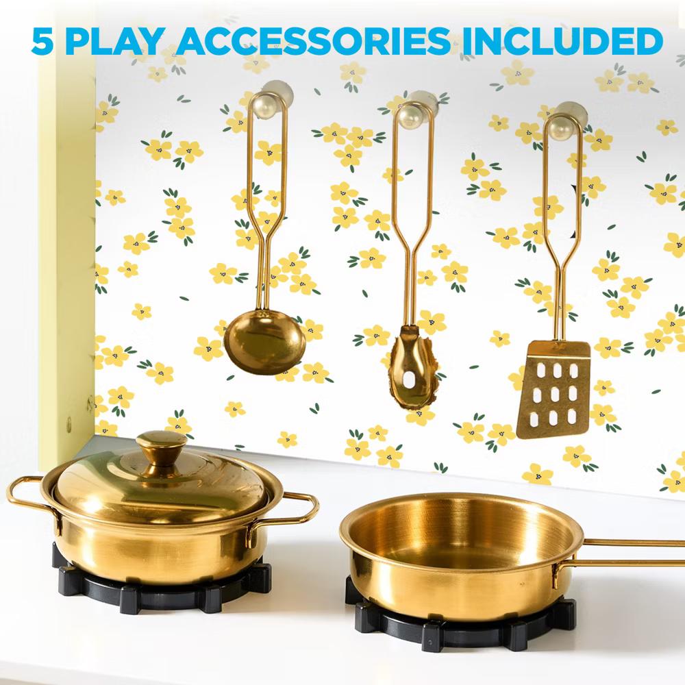 Wooden Cottage Kids Pretend Play Kitchen with 5 Accessories and Toy Storage - White - Image 26